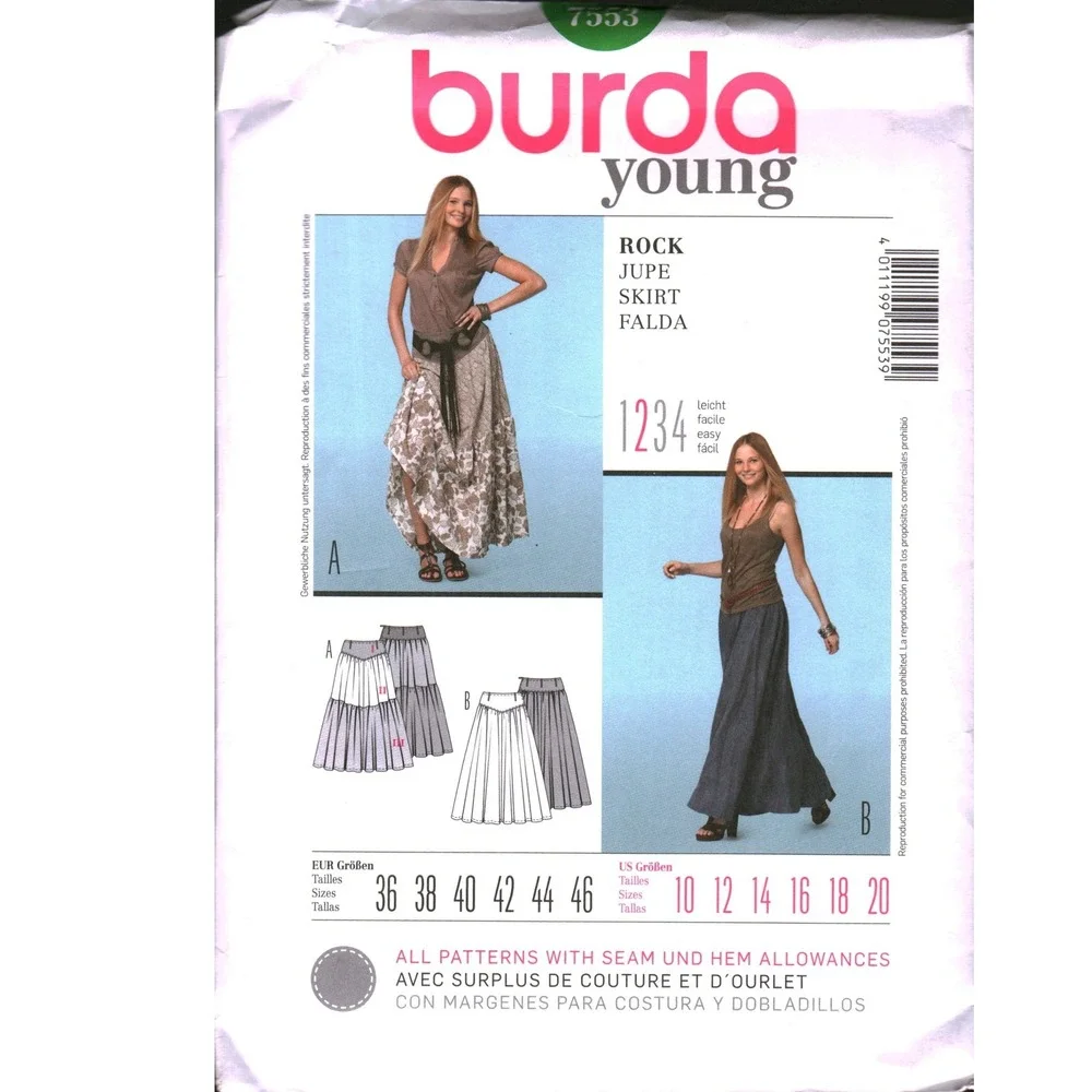 Burda Young 7553 Sewing Pattern Misses Tiered Flared Maxi Skirt Size 10-20 Easy
